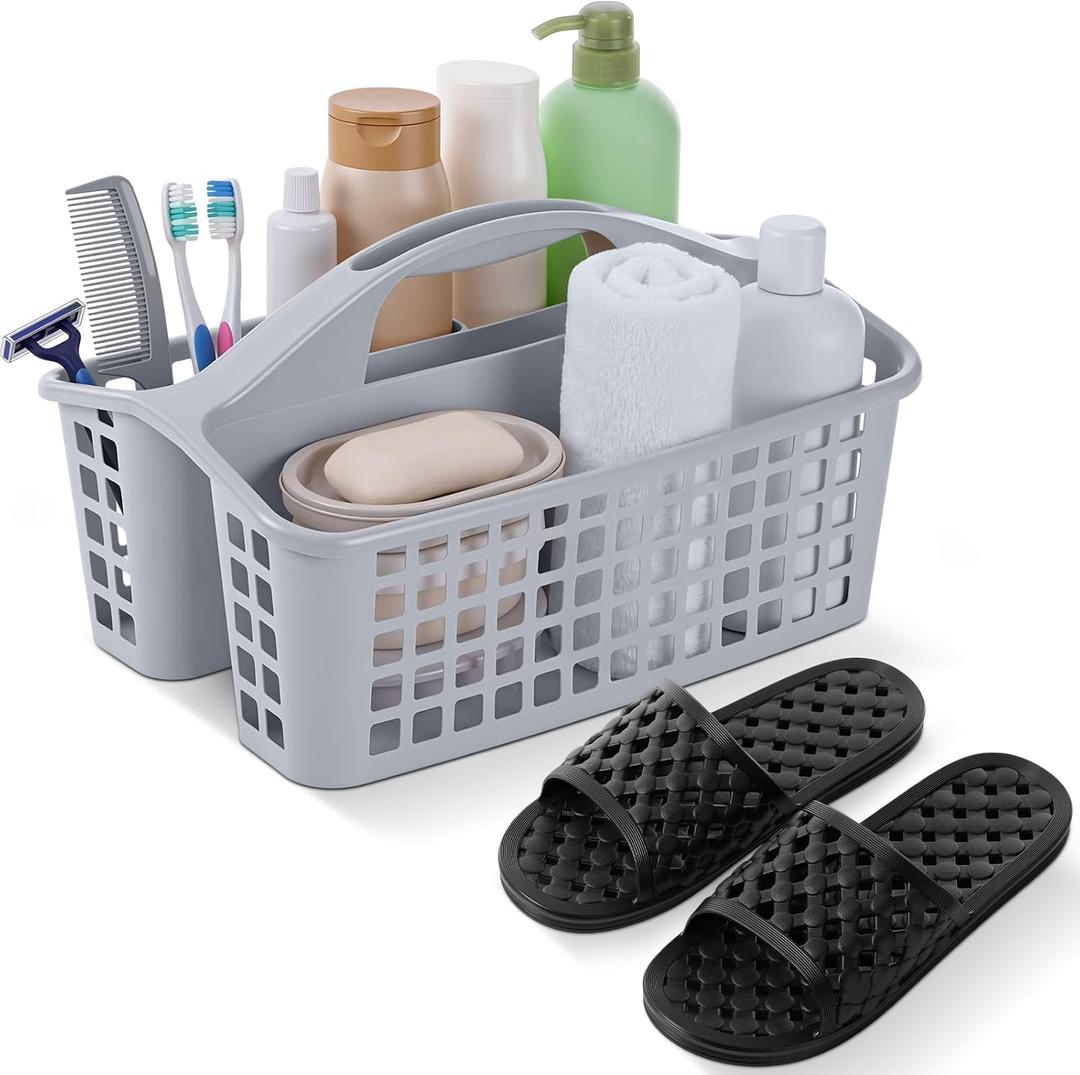 2 Pcs Portable Shower Caddy Basket Quick Drying Shower Sandals Shoes with Holes for Men Women Plastic Basket Organizer with Compartments Handle for College, Beach, Dorm, Spa