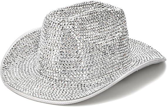 Peohud Silver Rhinestone Cowboy Hat for Women, Glitter Western Cowgirl Hat for Disco Costumes Wedding Party Music Festival