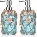 2 Set 16 oz Glass Soap Dispenser with Pump for Bathroom Decor Refillable Hand Soap Dispenser Includes Wooden Sign Beach Seashell Decor and Hemp Rope Protective Cover for Kitchen Home Office