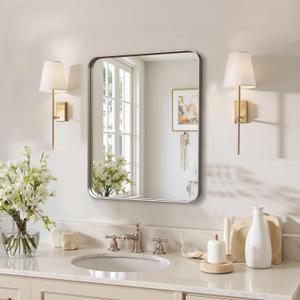 Kosmonia 20"x16" Bathroom Mirror, Brushed Nickel Rounded Rectangle Vanity Mirror, Anti-Rust Aluminum Framed, Wall Mounted Mirror for Over Sink, Hangs Horizontally or Vertically