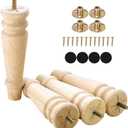 Unfinished Furniture Legs 8 inches Set of 4 Turned Wood Replacement Legs for Dresser Ottoman Chair Bench Solid Round Mid Century Screw in Pre-drilled M8 Bolt