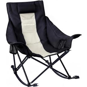 Oversized Rocking Camping Chair for Adults with Headrest, Portable Rocking Chair with Cup Holder, Side Pocket & Carry Bag, 400 lbs Heavy Duty Outdoor Rocker Chair for Camp, Patio, Black