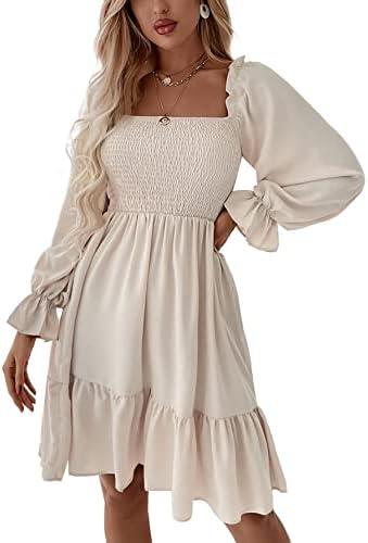 LYANER Women's Square Neck Lantern Long Sleeve Ruffle Shirred Flowy Party Mini Dress Size S