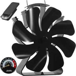 VODA Wood Stove Fan Heat Powered Fireplace Fans 8 Blades Non Electric, Heat Activated Thermal Fan for Wood Burning Stove/Log Burner, Stove Accessories Thermometer