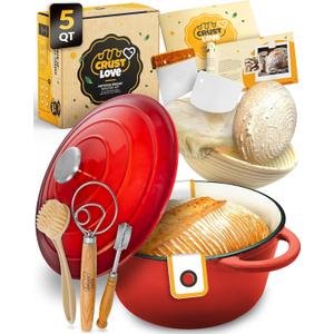 Dutch Oven for Bread Baking - incl. Sourdough Bread-Baking Supplies like Banneton Bread-Proofing Basket - 5QT Enameled Cast Iron Bread-Oven with Lid, Bread-Pan Sour Dough Starter Kit (Red)