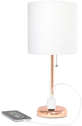 Simple Designs LT2024-RGD Rose Gold Stick Table Desk Lamp with Charging Outlet and Drum Fabric Shade, White Shade (Pack of 2)