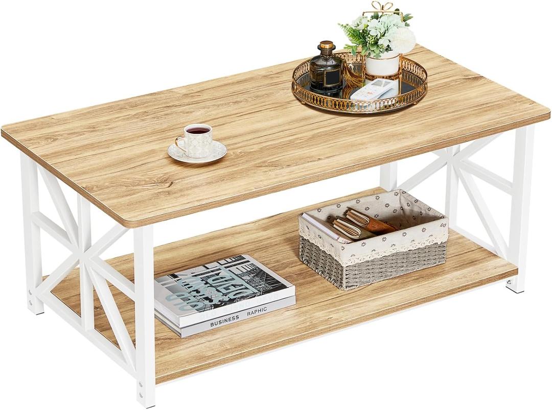 GreenForest Coffee Table with Round Corner, Farmhouse Center Table with 2-Tier Storage Shelf X-Frame Design for Living Room, 39 inch Oak