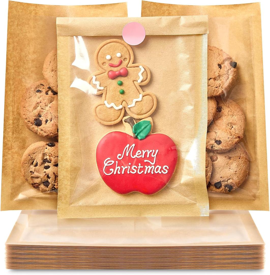 Ocmoiy 100 Pcs Clear Front Paper Cookie Bags with Seal Heat-Sealable & Grease-Resistant, 5.1x7.5 Inches Brown Bakery Bags with Window, Small Treat Bags Cookies Packaging Favor Bags (100)