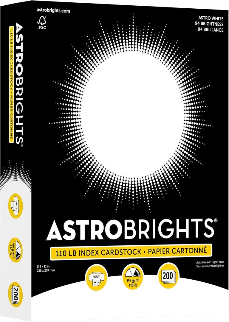Premium Astrobrights White Cardstock, 8.5" x 11", 110 lb. Index, 94 Brightness, 200 Sheets - Heavyweight Astro White Card Stock for Invitations, Business Cards, Crafts and Printing