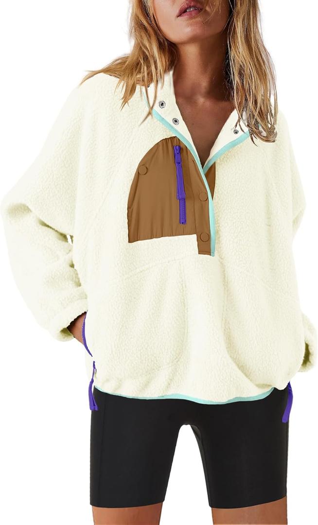 Nirovien Womens Fleece Pullover Long Sleeve Sherpa Jacket Button Down Fuzzy Sweatshirt Warm Outwear with Pockets (Large, A Beige Coffee)