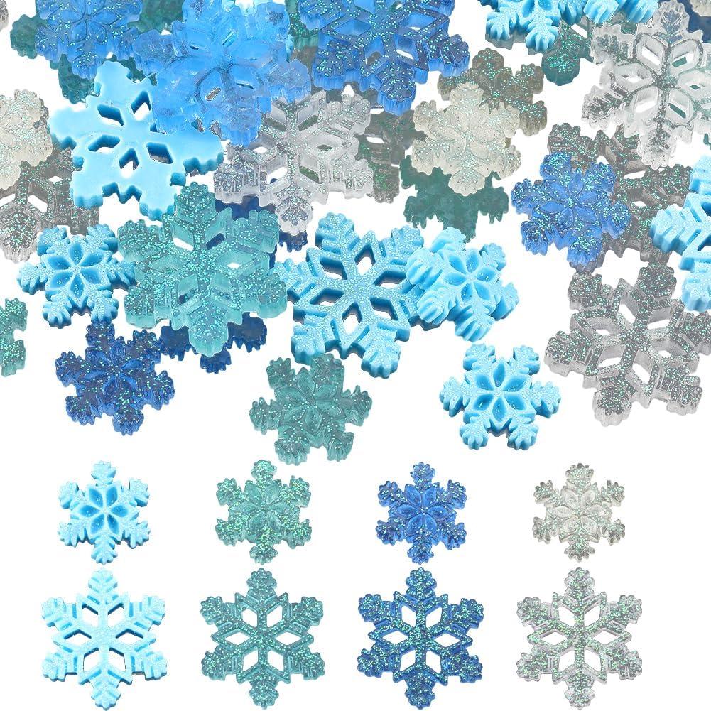 SUNNYCLUE 80Pcs 8 Styles Small Snow Cabochons Resin Snowflake Christmas Bulk Multi Size Translucent Blue Snowflake Cabochons Winter Charm Decoration for Album Embellishment Scrapbook Tree DIY Decor
