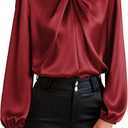 GRACE KARIN Women's Long Sleeve Satin Blouse,Mock Neck Work Silk Shirts,Dressy Tops for Business Casual Office (Medium, Wine Red)