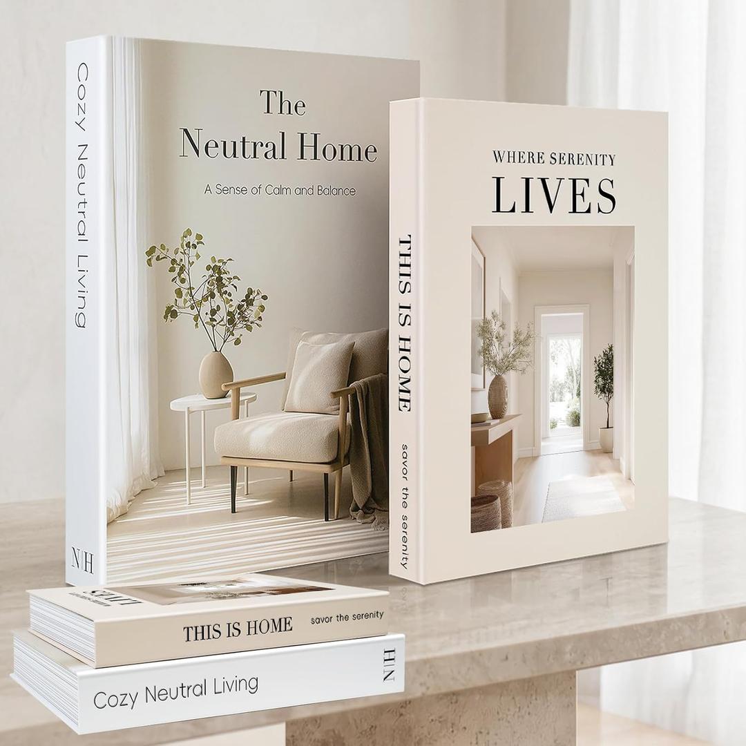 Decorative Books for Neutral Home - Fake Books Storage Box for Decoration - Set of 2 Coffee Table Book - Photo Storage Keepsake Box for Room Bookshelf Decor, Beige