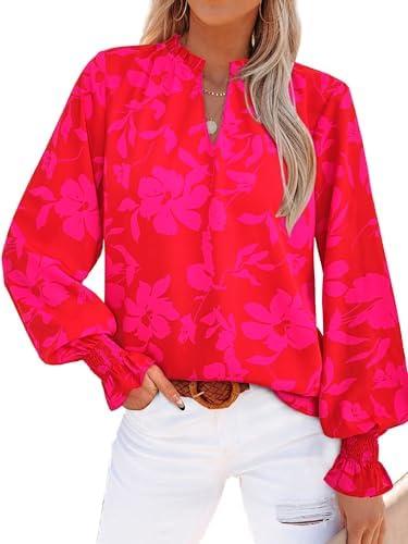 MASCOMODA Womens V Neck Floral Long Sleeve Tops 2025 Summer Casual Loose Puff Sleeve Chiffon Boho Work Blouse Dressy T Shirts, XXL