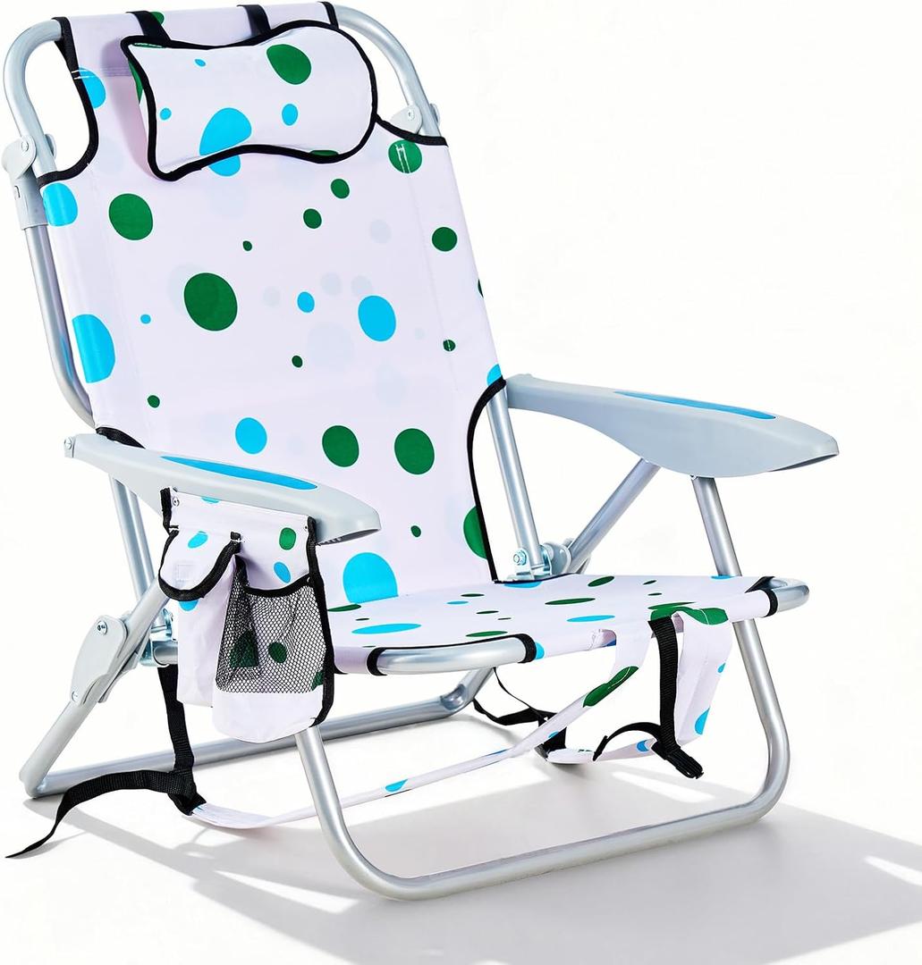Portable Beach Chair for Adults, Outdoor Camping Chair Lay Flat Folding Backpack Beach Reclining Chair with 5 Positions, Headrest, Cup Holder, Heavy Geometric Circle