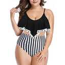 COCOPEAR Women's Ruched High Waisted Bikini Bottom Retro Vintage Swim Short Tankinis (3X-Large, Black and White Stripe)