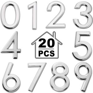 20 Pieces Mailbox Numbers 3D Door Numbers 0-9 Self-Adhesive 2 Inch Address Stickers Street House Signs for Residence, Apartment, Office Room, Mailbox (Silver)