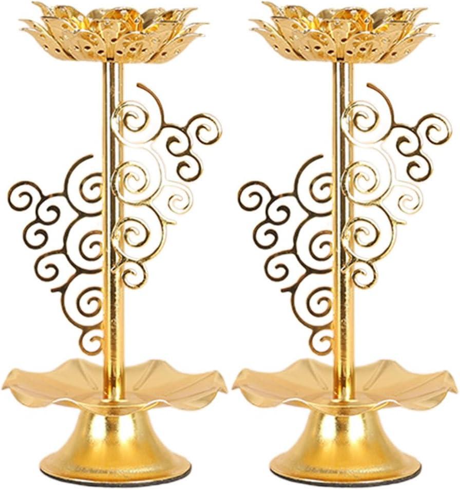 Gold Lotus Tealight Candle Holder - 2pcs Religious Diwali Votive Candle Holder Stand Decorative Temple Home Decor (16.5X5X5cm)