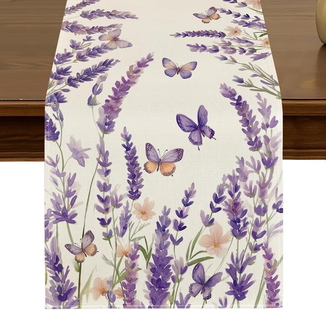 2 x Spring Summer Purple Lavender Floral Butterflies Table Runner 13x72 Inch Seasonal Kitchen Dining Table Decor for Indoor Outdoor Farmhouse Home Anniversary Party Decoration ZQ110