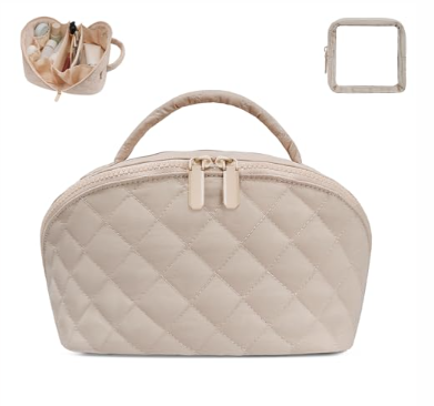 Makeup Bag,Quilted Puffer Cosmetic Bag for Women, 180° Lay-Flat Travel Make up Bag, Waterproof Large Capacity Toiletry Bag with Sturdy Zippers, Portable Makeup Organizer for Travel & Daily Use 