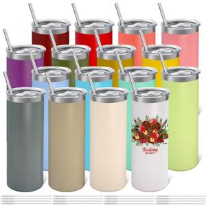 YOUKE OLA 16 Pack Stainless Steel Skinny Tumblers Bulk Straight Double Wall Powder Coated Insulated Tumbler with Lid and Straw for Laser Engrave, DIY Gift, 20oz Mix Colors