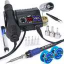 WEP 882D Soldering Iron Station 2-IN-1 SMD Hot Air Rework Station with 2 Spools of Solder Wire, 5 Soldering Tips, 3 Hot Air Nozzles, Brass Wool Tip Cleaner, Tweezers, Desoldering Pump