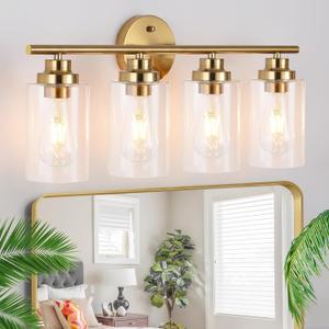 4-Light Bathroom Light Fixtures, Gold Modern Vanity Light with Clear Glass Shade, Bathroom Lighting Fixtures Over Mirror, Bathroom Wall Lamp for Mirror Living Room Bedroom Kitchen Hallway