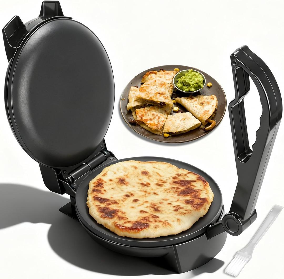 FineMade Compact Roti Maker, 8'' Electric Tortilla Maker Machine, Maquina Para Hacer Tortillas, Crepe Maker, Electric Tortilla Press, Prensa Para Tortillas, Recipe Included, Black