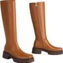 vivianly Women's Chunky Heel Knee high Boots Zipper Square Toe Platform Booties (6, Brown-platform-2.36in Heel)