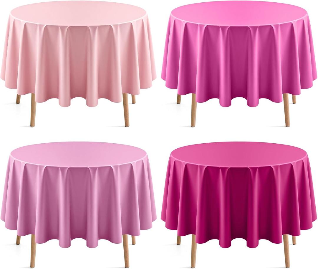 4 Pieces Pink Series Round Tablecloth, 84" Solid Color Waterproof & Spillproof Disposable Plastic Table Cover, Durable Party Tablecloth for Dining, Buffet, Picnic, Outdoor Events, Pink 4 Series, 4