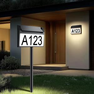 Solar House Number Sign, deerdance LED Illuminated Outdoor Address Plaque with Smart Control, 3-Color in 1 Waterproof Solar Powered House Number Light with Stakes for Outside Home, Yard, Street, House