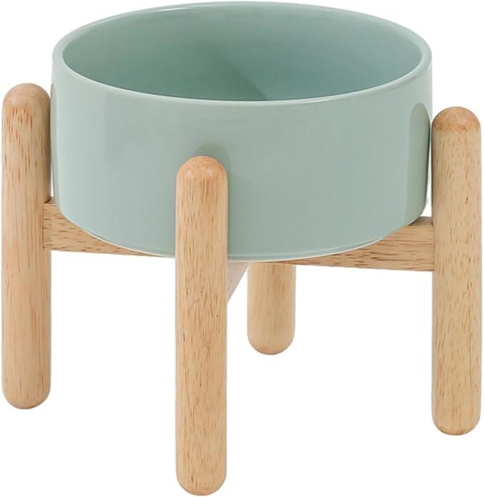 Havniva Ceramic 7.3inch Raised Dog Bowl Set, Elevated with Wooden Stand, Food and Water Bowl for Medium Breed Dogs, Weighted Dog Dishes, Pet Feeder(Light Green)