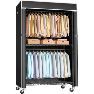 FUTASSI Clothing Rack with Cover, P1C Rolling Closets with Wheels, Metal Garment Rack for Hanging Clothes, Clothing Storage Wardrobe with Cover, 36.2" W x 16.5" D x 80.5" H, Black, Load 450 Pounds