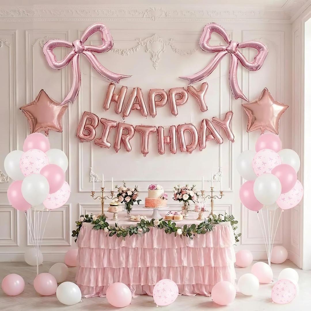 Pink Bow Birthday Balloon Decoration Set Pink & White Bow Print Latex Balloons with Star Happy Birthday Letter Balloons and Pink Bow Foil Balloons Cute Coquette Party Decor for Girls Birthday Party