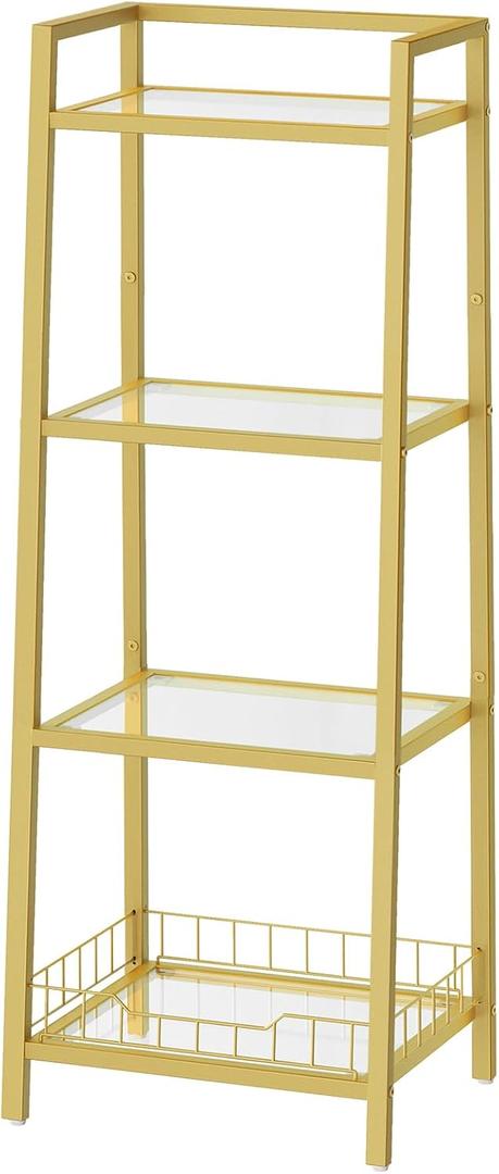 HOOBRO Gold Glass Shelf Stand, 4 Tier Standing Shelf Unit, Bathroom Organizer and Storage, Floor Storage Shelves Waterproof, for Bathroom, Laundry, Toilet, Tempered Glass, Gold GD79CJ01
