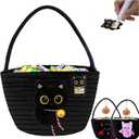 Personalized 3D Plush Black Cat Round Storage Basket  Cotton Rope Toy Organizer & Laundry Hamper with Handle, Baby Gifts Basket for Nursery, Baby Shower, Halloween & Christmas Decorative Bin