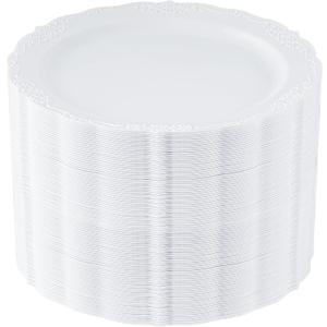 Upassion 100 Pieces White Plastic Plates - 10.25 inch White Dinner Disposable Plates - Premium Hard Disposable Dinner Plates - Party Supplies for Birthdays, Celebrations, Wedding and Events