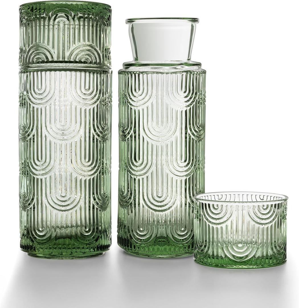 Bedside Water Carafe and Glass Set, Mouthwash Dispenser for Bathroom, 21.6 Oz Glass Water Bottles with 6 Oz Drinking Cup as Lid, Water Pitcher for Nightstand, Kitchen (Green 2Pack)