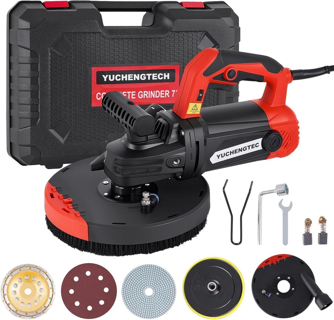 YUCHENGTECH 7 Inch Concrete Grinder with Dust Collector Floor Grinder with Vacuum 2200W 0-4800RPM with Auxiliary Handles & Storage Case for Concrete Cement Granite Marble