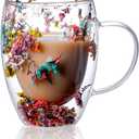 Double Wall Clear Glass Coffee Mugs,Creative Clear Glass Cups with Handle,Flowers Double Insulated Glass Cup for Hot Cold Beverages, Cappuccino, Latte, Espresso Coffee, Juice,Glass Coffee Cups