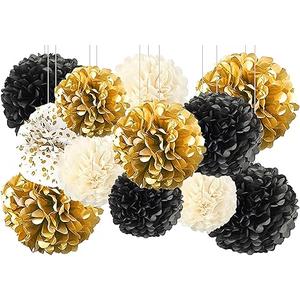 4 pcs Gold Black Hanging Tissue Paper Pom Poms,Pompoms Flowers for Ceiling Party Decorations