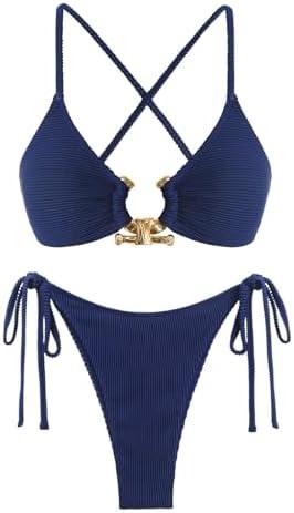 ZAFUL Women's Sexy Cutout Bikini Set High Cut Textured Metal Ring Cheeky Swimsuit Two Piece Bathing Suit M