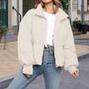 Womens Winter Cropped Puffer Jacket Coat Casual Quilted Baggy Long Sleeve Zip Down Jackets Outerwear (Beige, S)