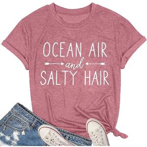 Ocean Air and Salty Hair Womens Graphic T Shirt Causal Short Sleeve Funny Shirt Top Tee Athletic Shirts (Small, Pink)