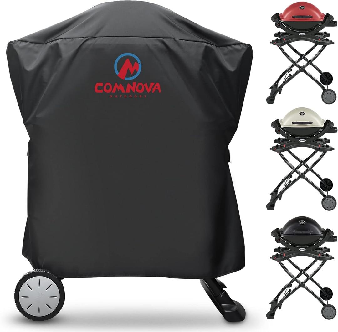Comnova Weber Grill Cover - Q Series, Q2000/Q200/Q1000/Q100, Q2200, 2400, 1200, 1400 & More - Heavy Duty & Waterproof (Premium Black - Q2000 & Q1000 on Cart)
