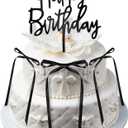 10pcs Bow Cake Toppers with Black Happy Birthday Cake Topper, Black Bows for Cake Ribbon Cake Topper Coquette Birthday Decorations for Wedding Anniversary Babe Shower Party