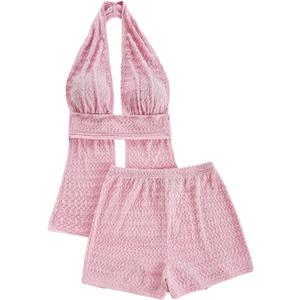 MakeMeChic Women's 2 Piece Y2K Outfits Summer Beach Knitted Backless Halter Tops and Micro Mini Shorts Set (Medium, Pink)