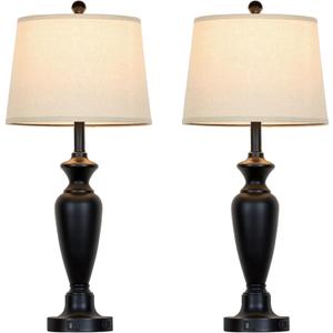 30" Tall Table Lamps Set of 2, Touch Control Bedside Lamp with USB A+C Ports and AC Outlet, 3-Way Dimmable Modern Metal Nightstand Lamp for Bedroom Living Room, 2 LED Bulbs Included, Black