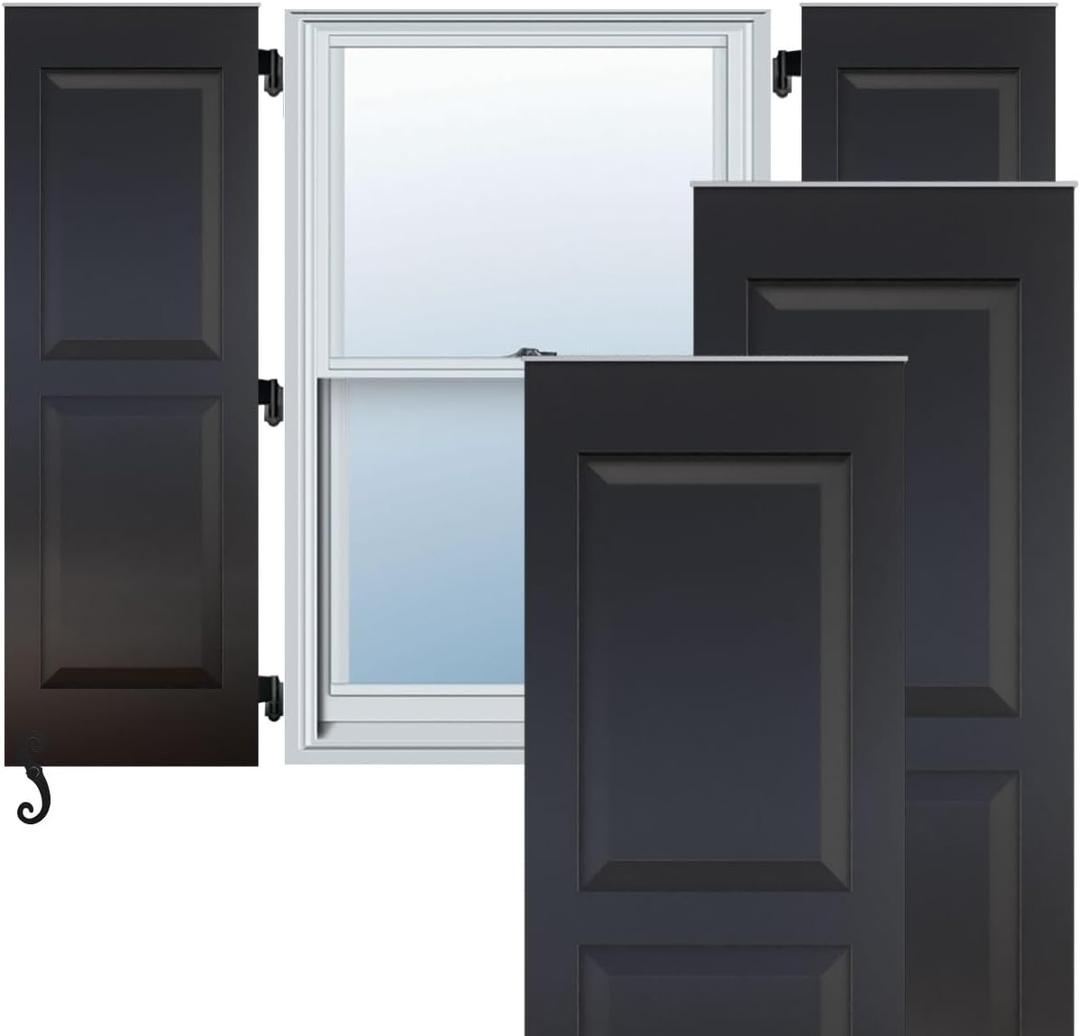 12"W x 57"H Americraft Two Equal Raised Panel Exterior Real Wood Shutters (Per Pair), Black
