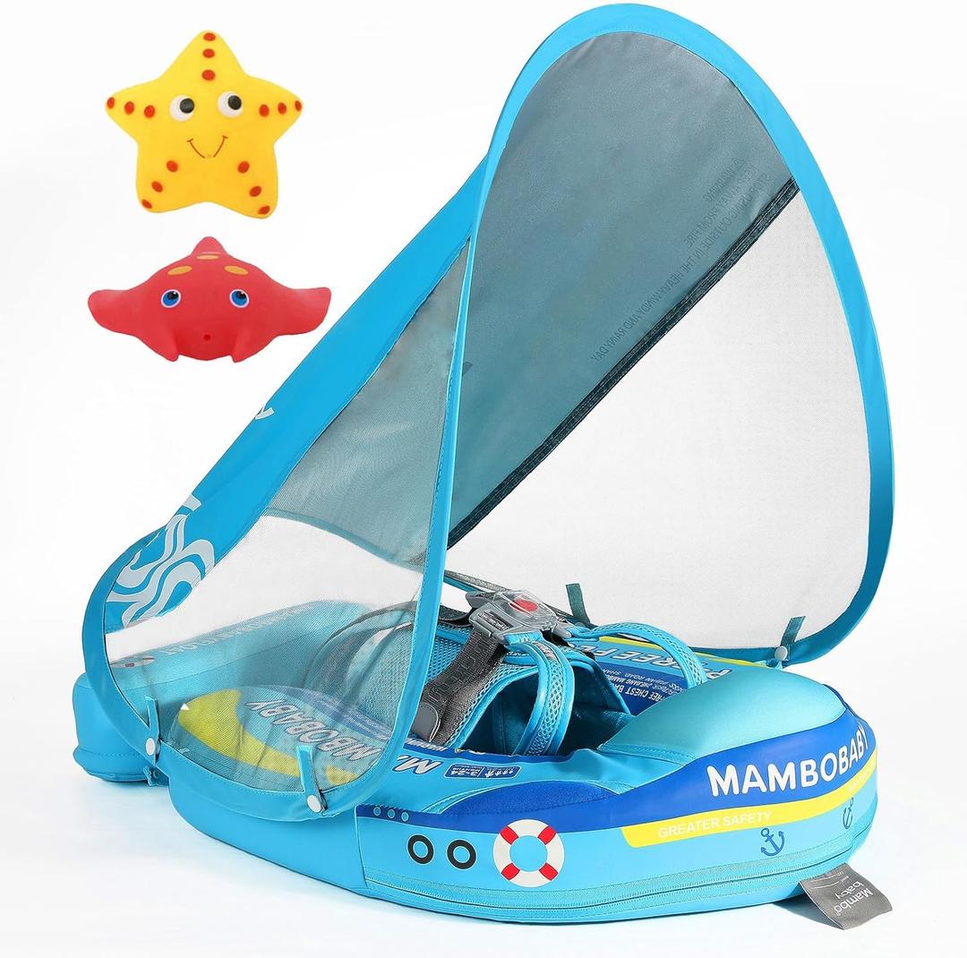 Mambobaby Float with Canopy Size Improved Non Inflatable Infant Pool Float Smart Mambo Float Swim Trainer Add Tail Baby Swim Float Mambo Baby Float Solid Air Free Water Waist Swimming Ring (Boat Blue)